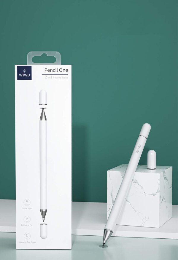 WiWU Pencil One: White Aluminum Alloy 2-in-1 Slim Stylus Pen for Smartphones and Tablets