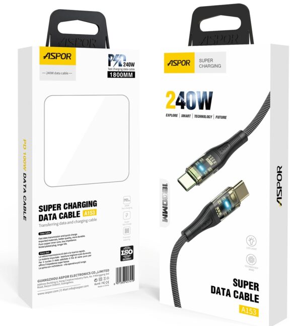 Aspor A153 240W LED Light Type-C to Type-C PD Fast Charging Cable - 1.8M