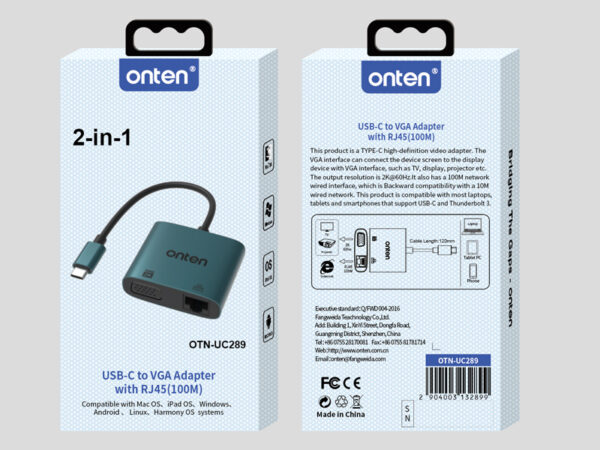 ONTEN USB-C to VGA Adapter with RJ45(100M) UC289 - Image 2