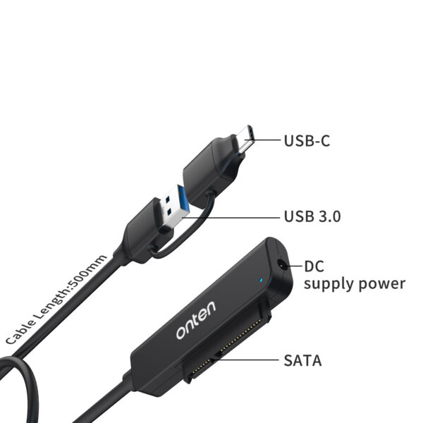 ONTEN USB-C & USB 3.0 to SATA adapter with USB 3.0 3 Ports HUB UCA312 - Image 3