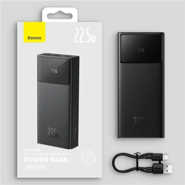 Baseus Star-Lord 20000mAh 22.5W Digital Display Fast Charge Power Bank Black（With Simple Series Charging Cable USB to Type-C 3A 0.3m Black