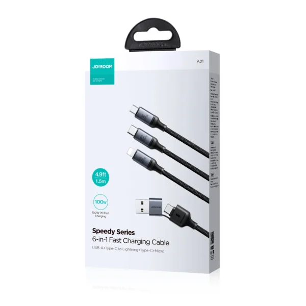 JOYROOM SA21-2T3 Speedy Series 100W 6-in-1 Fast Charging Cable (USB-A+Type-C to L+C+M) 1.5m-Black
