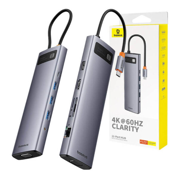 Baseus Metal Gleam Series 11-Port  HUB Space Grey （Type-C to HDMI4K@60Hz*1+VGA*1+USB3.0*3+USB2.0*1+PD*1+RJ45*1+SD/TF*1+3.5mm*1)
