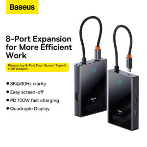 Baseus FOCUS SERIES 8-Port Four-Screen Type-C HUB Adapter Gray（Type-C to HDMI4K@60Hz*1+HDMI4K@30Hz*1+DP8K@30Hz*1+VGA+USB3.0*2+Type-C（Data+PDout）*1+PD*1）WKYY030413