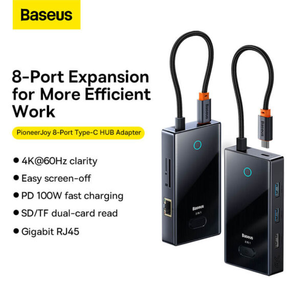 Baseus FOCUS SERIES 8-Port Type-C HUB Adapter Gray（Type-C to HDMI4K@60Hz*1+USB3.0*2+USB2.0*1+PD*1+RJ45*1+SD/TF*1）WKYY030313