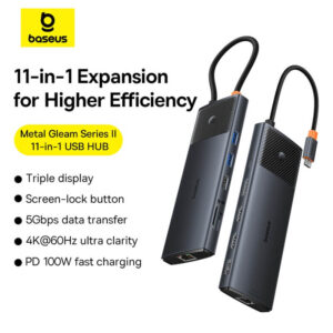 Baseus Metal Gleam Series II  11-in-1 USB HUB Cosmic Black（USB-C to 1*HDMI4K@60Hz+1*HDMI4K@60Hz+1*DP4K@60Hz+2*USB-A(5Gbps)+2*USB-A(480Mbps)+1*RJ45+1*SD/TF+1*USB-C(PD) ）B00061801123-00