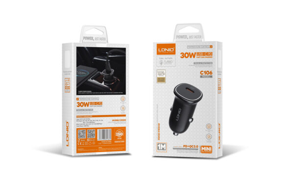 LDNIO C106 30W High CAR CHARGER Support PD/PPS Super-Fast Charging with C-C Cable